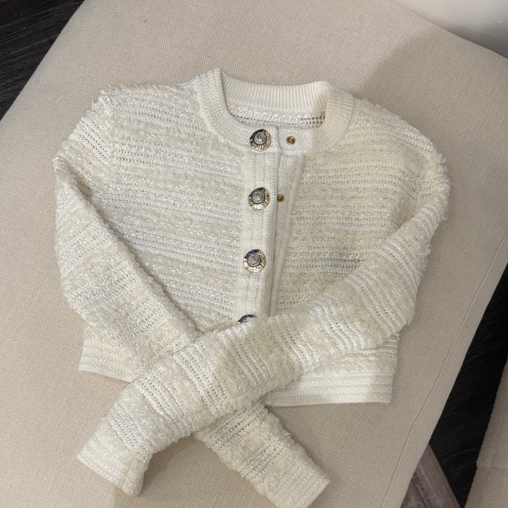 Chic Cream Textured Cardigan with Gem Buttons